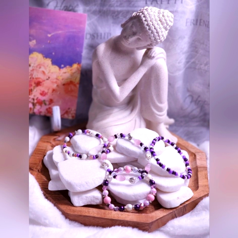 Beautiful amethyst and rose quartz stackable handcrafted bracelets